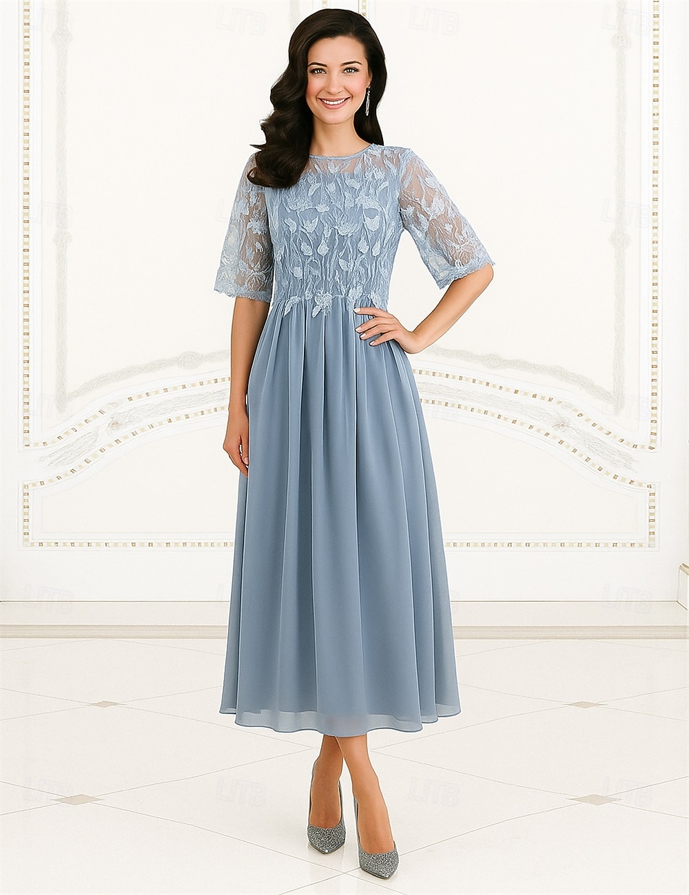 Γραμμή Α Φόρεμα Μητέρας της Νύφης Επίσημο Κομψό Στρογγυλή Ψηλή Λαιμόκοψη Κάτω από το γόνατο Πολυεστέρας Κοντομάνικο με Διακοσμητικά Επιράμματα 2025 - $79.99 –P5