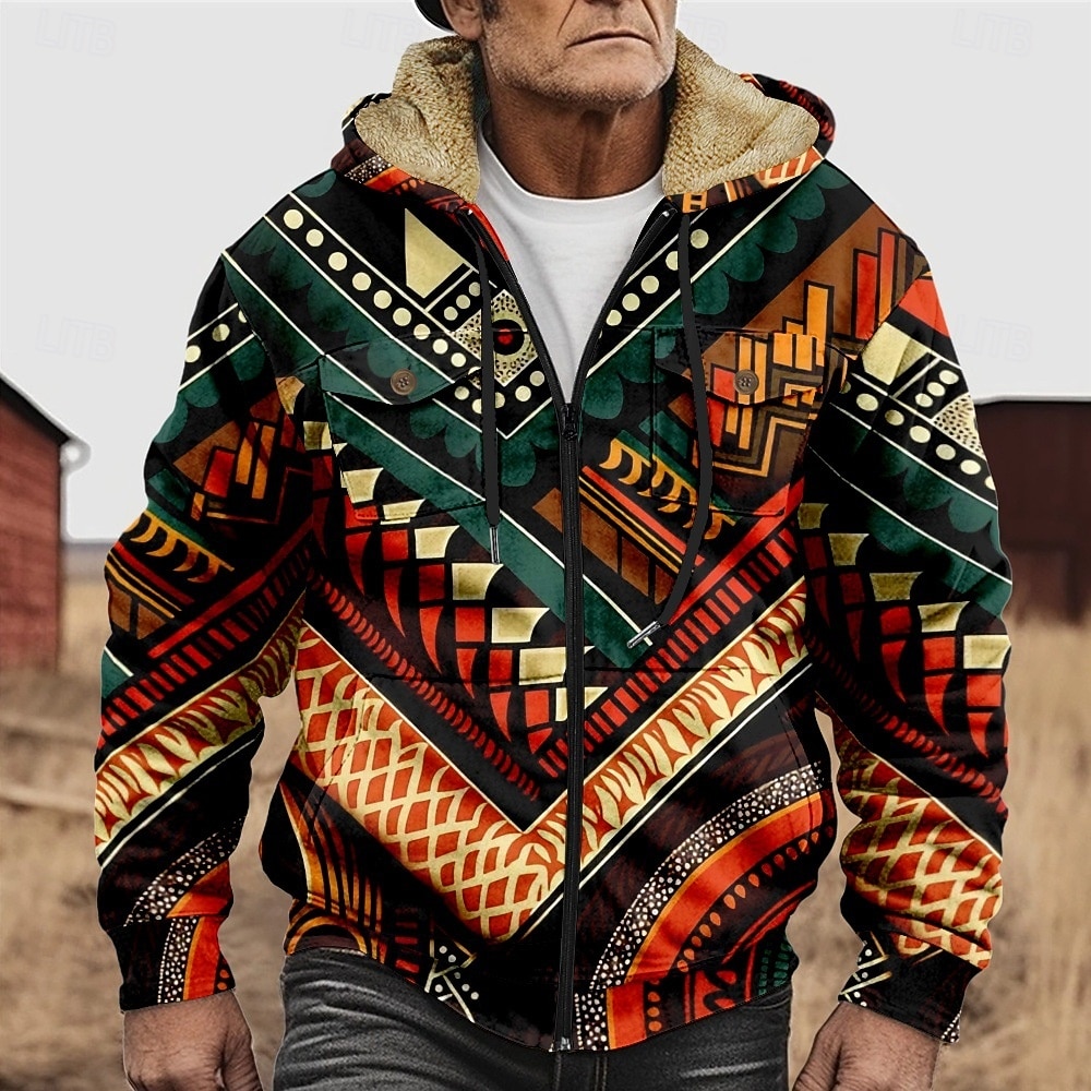 Per uomo Grafico Stile Boho Felpa con Cappuccio Giacca di pelle Moda Etnico Casual Manica Lunga Con Cappuccio All'aperto Sport all'Aperto Uscire Marrone chiaro Arancione scuro Giallo Blu Arancione del 2026 a $57.99 –P6