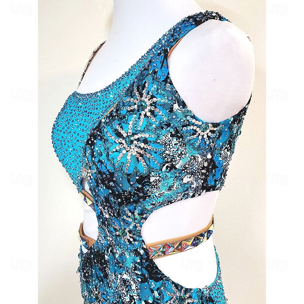 Women's Latin Dance Dress Blue Rhinestone Cutout Bodycon Fringe Costume for Cha Cha Samba Paso Doble Performance Competition 2026 - $457.09 –P2