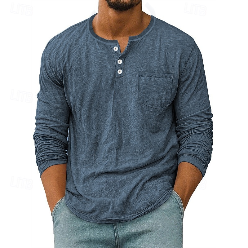 Herren T Shirt Henley Hemd T-Shirt Langarmshirt Langarm Henley Frühling Herbst Einfach Mode Designer Basic Taschen Urlaub Straße Ausgehen Schwarz Weiß Rote Top T-Shirt für Herren 2025 - $21.99 –P5