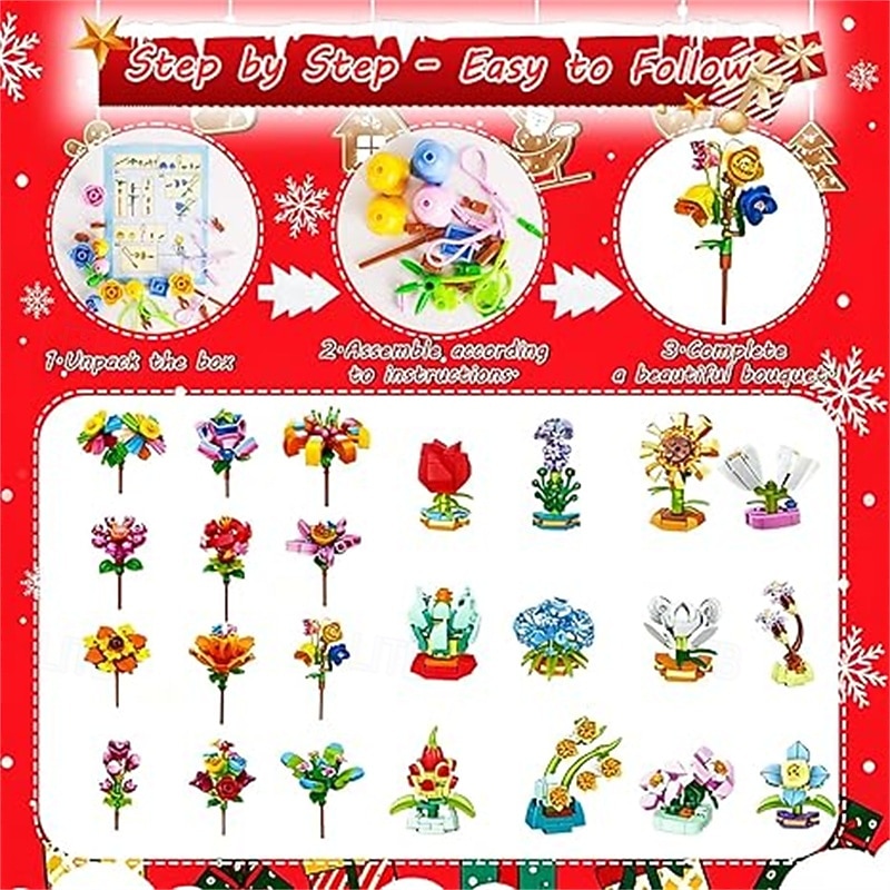 Адвент-календарь, цветочные букеты, строительные блоки для детей, 24-дневный рождественский подарочный календарь с 24 красочными цветочными букетами, сделанными из строительных блоков, рождественский 2025 - $36.99 –P6