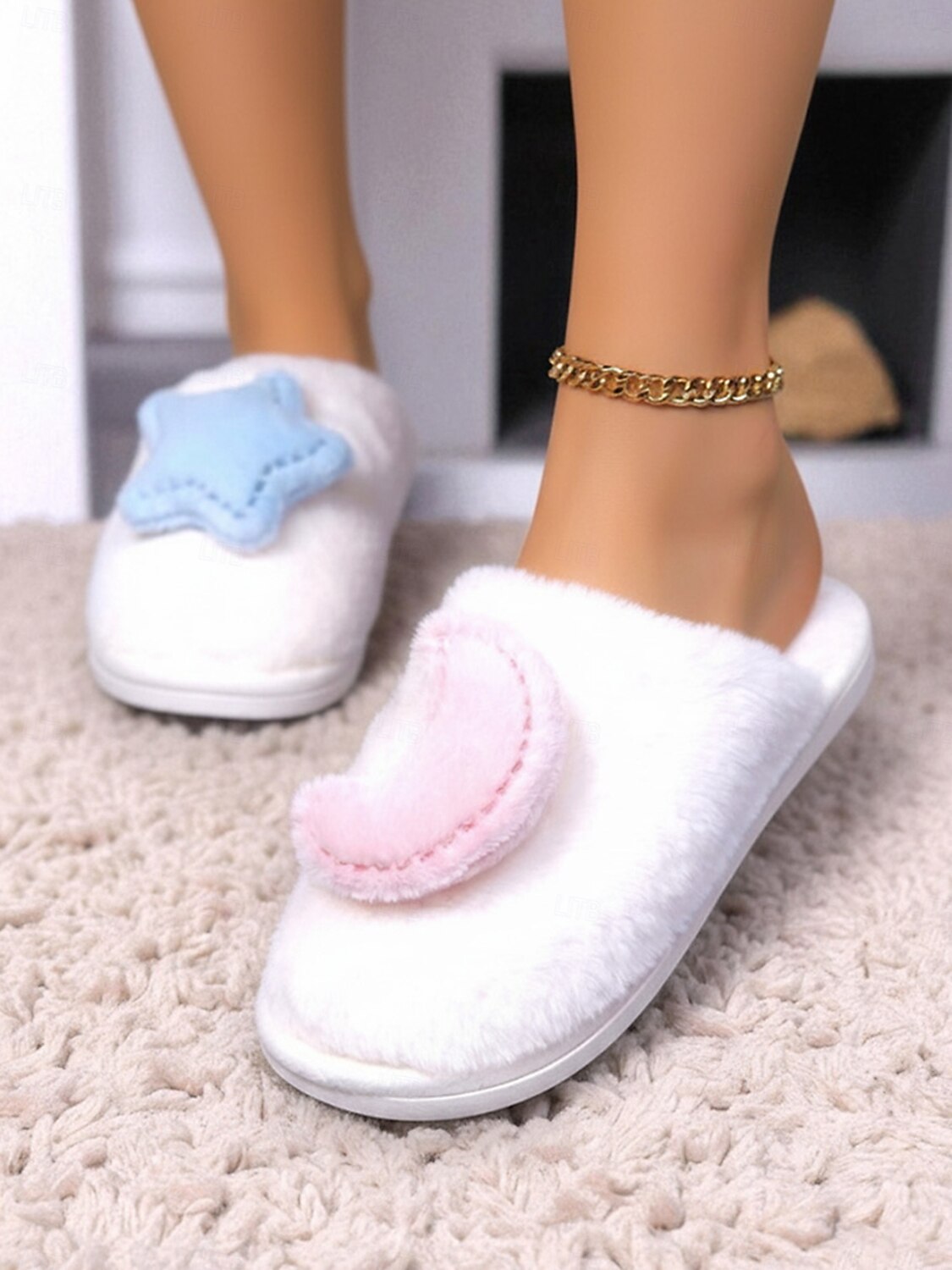Women's White Plush Indoor Slippers with Star and MoonDecoration, Soft Warm Fleece Lining, Cute Cozy House Shoes for Winter Bedroom & Home Wear 2026 - $19.99 –P4