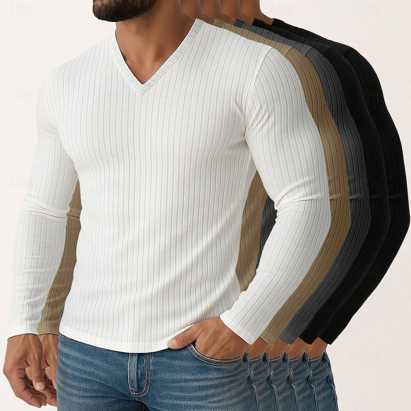 Miesten T-paita Ribbineulos T-paita Pitkähihainen paita Pitkähihainen V kaula-aukko Kevät Syksy Talvi Tavallinen Pystysuuntaiset nauhat Pit Strip Muoti Suunnittelija Perus 5-osainen Monipakkaus Loma 2025 - $75.99 –P9