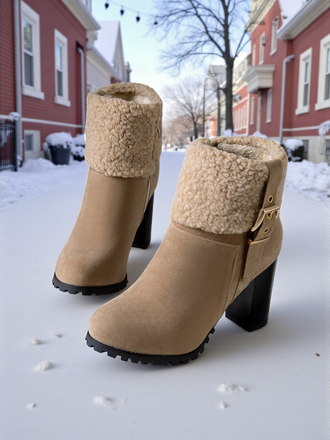 حذاء نسائي بكعب من الجلد المدبوغ باللون الأخضر مع أطراف من الفرو الصناعي، كعب سميك عصري، مثالي لقضاء العطلات الشتوية وحفلات الكريسماس والمناسبات الاحتفالية 2026 - $54.99 –P3