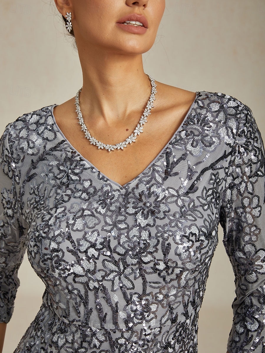 2026年 女性用 マキシドレス シースドレス エレガント フォーマル セミフォーマルドレス パーティー スパンコール レース 刺繍 レギュラー 純色 七分袖 Ｖネック グレー  コレクション – $239.79 –P2