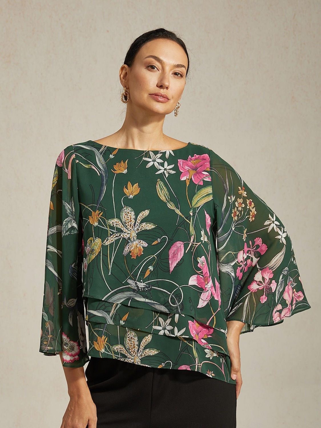 damblus transparent chiffong grön blommig tryck halvärmad rund hals lager-på-lager pullover casual elegant vår sommar höst 2026 - $67.99 –P6