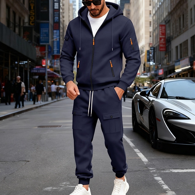 Men's Tracksuit Outfit Set Hoodies Set Hoodie Outdoor Daily Sports Drawstring Zip Up Pocket Plain Black Navy Blue Brown Polyester Activewear Fashion Streetwear Fall 2026 - $56.99 –P5