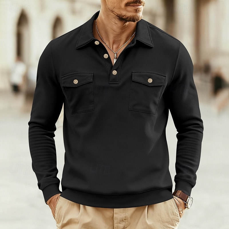 Men's Polo Shirts Golf Shirt Business Casual Ribbed Polo Collar Long Sleeve Fashion Basic Solid Color Buttons Front Pocket Summer Spring &  Fall All Seasons Regular Fit Dark Grey Denim Blue Black 2025 - $21.99 –P7
