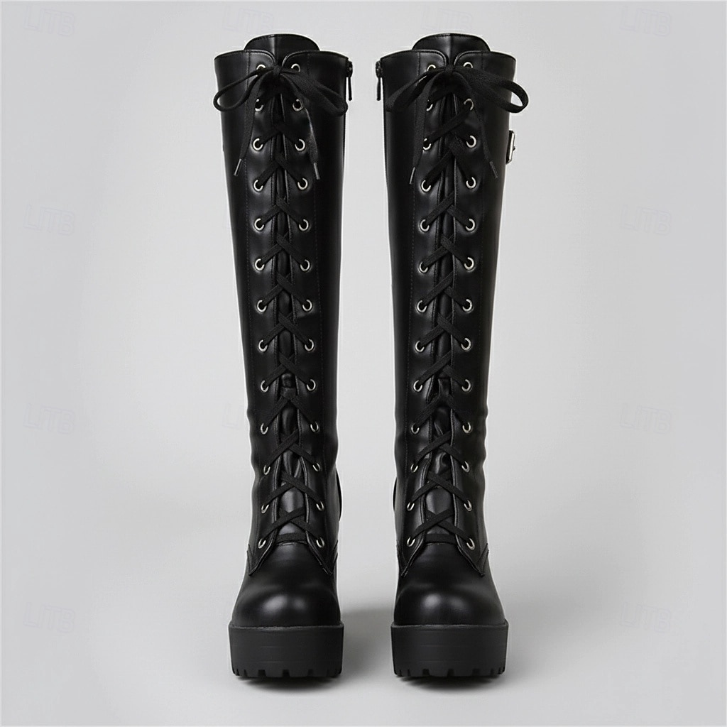 Zwarte platform veterschoenen voor dames tot aan de knie met dikke hakken en gespdetail – gothic of punkstijl voor herfst en winter 2026 - $69.99 –P3