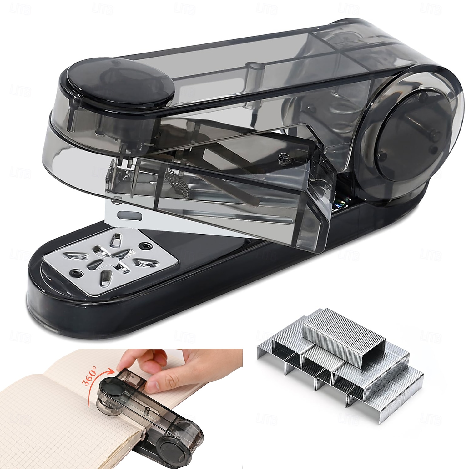 Průsvitná otočná sešívačka s otočným ramenem a 400 sponkami, stolní sešívačka s otočným ramenem o 360 stupňů pro vazbu brožur nebo knih, kapacita 25 listů pro psací stůl, kancelářské potřeby pro 2026 - $10.99 –P1