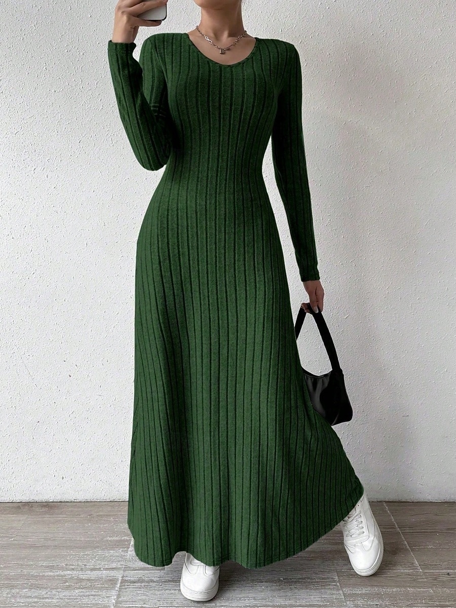 Dámské Svetrové šaty Elegantní Na běžné nošení Měkké Čistá barva Rýhovaný Do V Pletený Dlouhý rukáv Běžné topy Plést Venkovní Denní Víkend Černá Trávová zelená Podzim Zima 2026 - $24.99 –P1