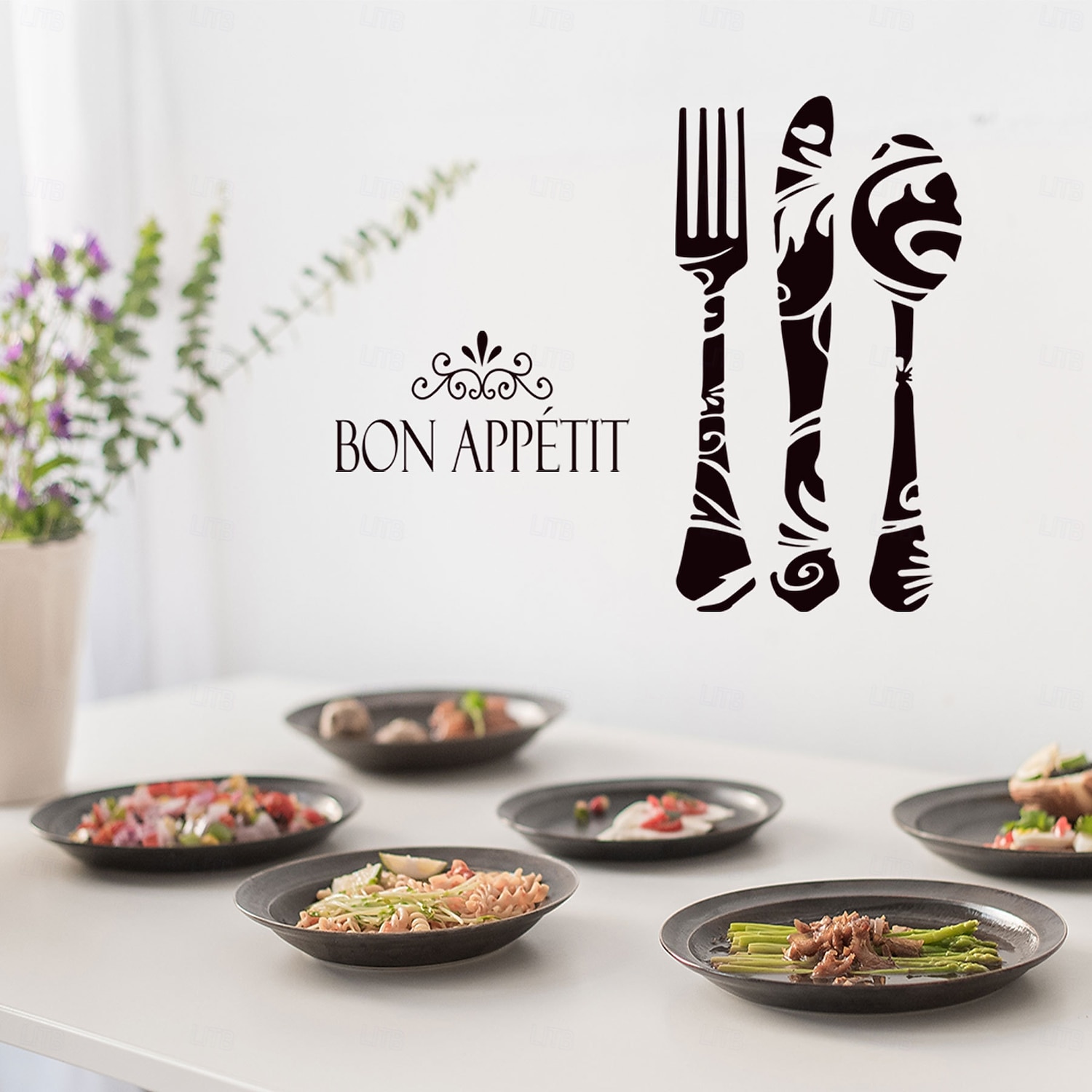 veitsi ja haarukka seinätarra bon design perhekeittiö inspiroiva lainaus irrotettava seinätarra ruokasaliin ravintolakeittiön seinän sisustus luova tausta koti koristeellinen taidetarvikkeet 2026 - $10.49 –P1