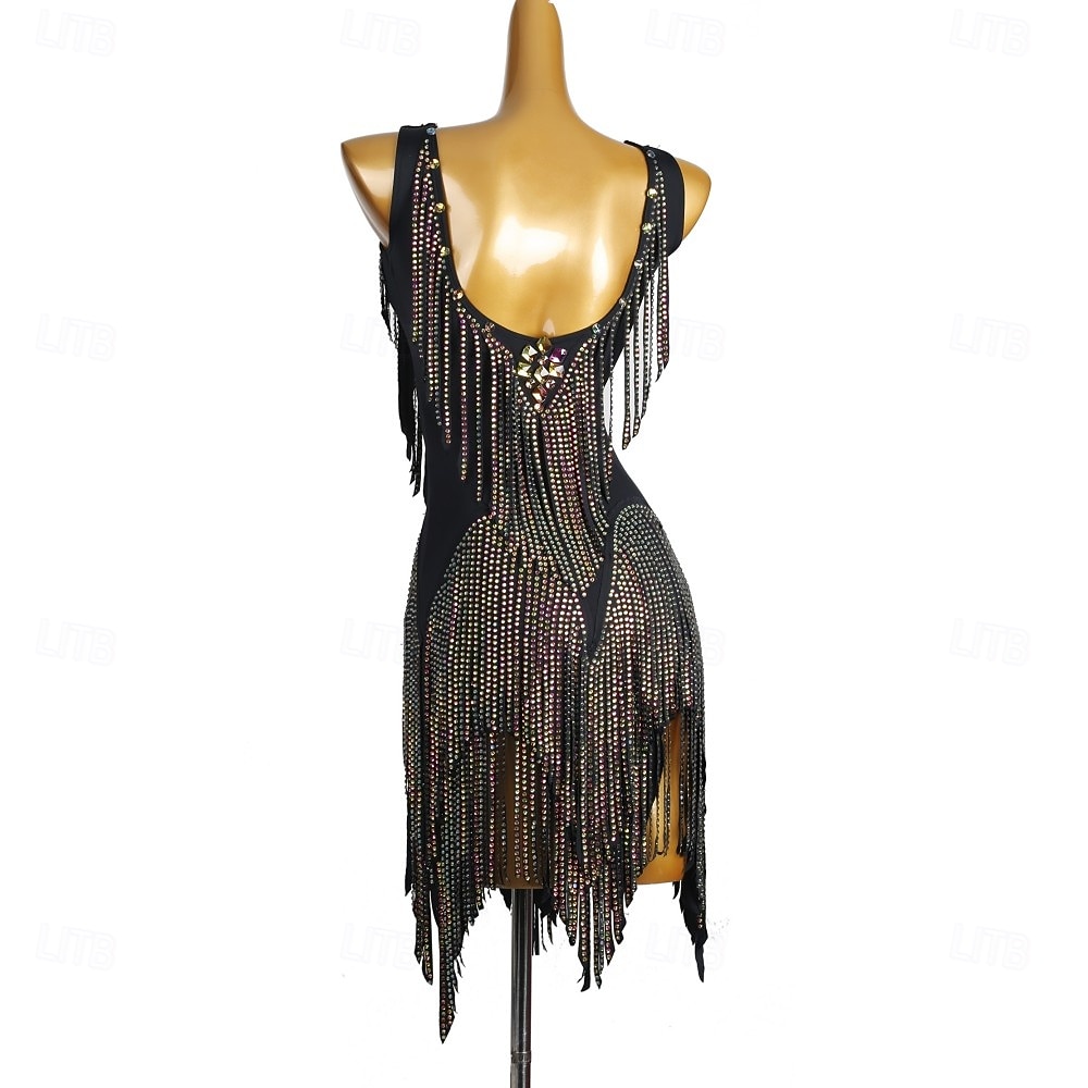 Dança Latina Vestido Recortes Cristal / Strass Mulheres Espetáculo Treino Sem Manga Alto Elastano de 2025 por $411.59 –P3