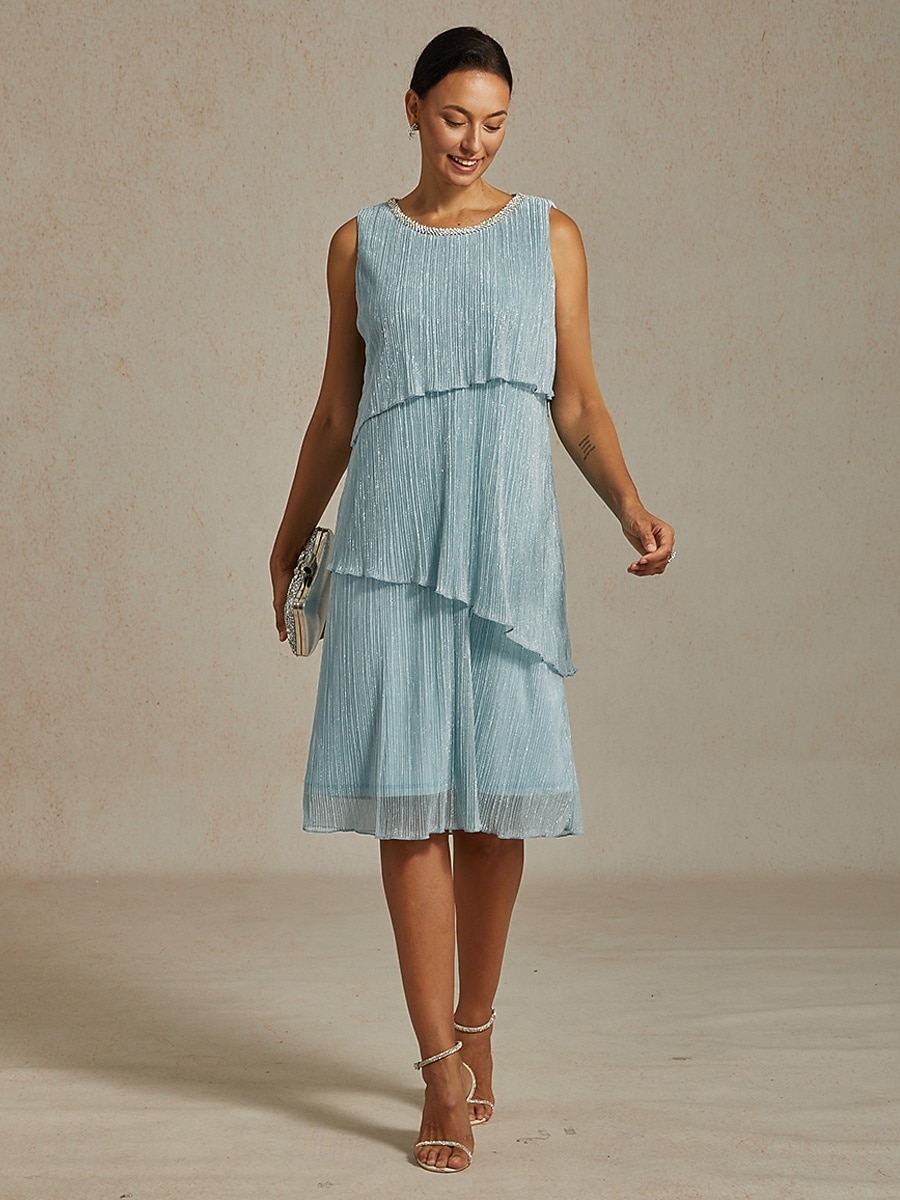 Femmes Robe Midi Robe fourreau Robe Plissée Robe dos nu Élégant Fête Formel Soirée robe demoiselle d honneur Cocktail Coupe régulière Couleur Unie Sans manches Col ras du cou Bleu Ciel Été Printemps de 2025 ? $141.99 –P4