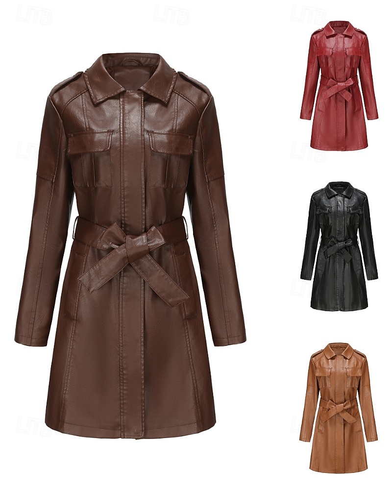 Dam Imitationsläderjacka Trenchcoat Bekväm Knappar Ledigt Slät Utomhus Semester Helgdag Utekväll Lång Nedvikt Normal Långärmad Ytterkläder Svart Vin Kamel Vår Höst 2025 - $71.99 –P1