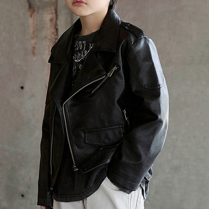 Niños Chico Chaqueta de cuero negro Chaqueta Ropa de calle Plano Manga Larga Cerrar IMPERMEABLE Paravientos: Abrigo Diario Moda Casual Negro Marrón Primavera Otoño 4-12 años 2026 - $55.99 –P5