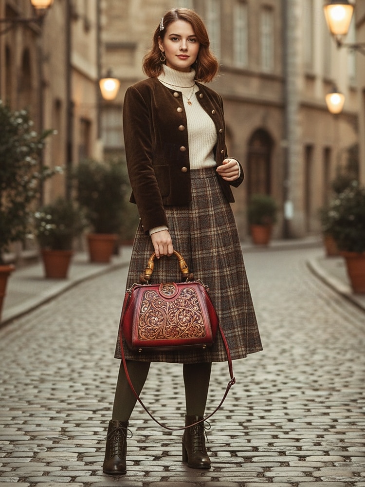női műbőr kézitáska, vintage dombornyomott válltáska bambusz fogantyúval, elegáns keresztpántos táska hölgyek partijára, munkába és mindennapi használatra 2025 - $64.99 –P1