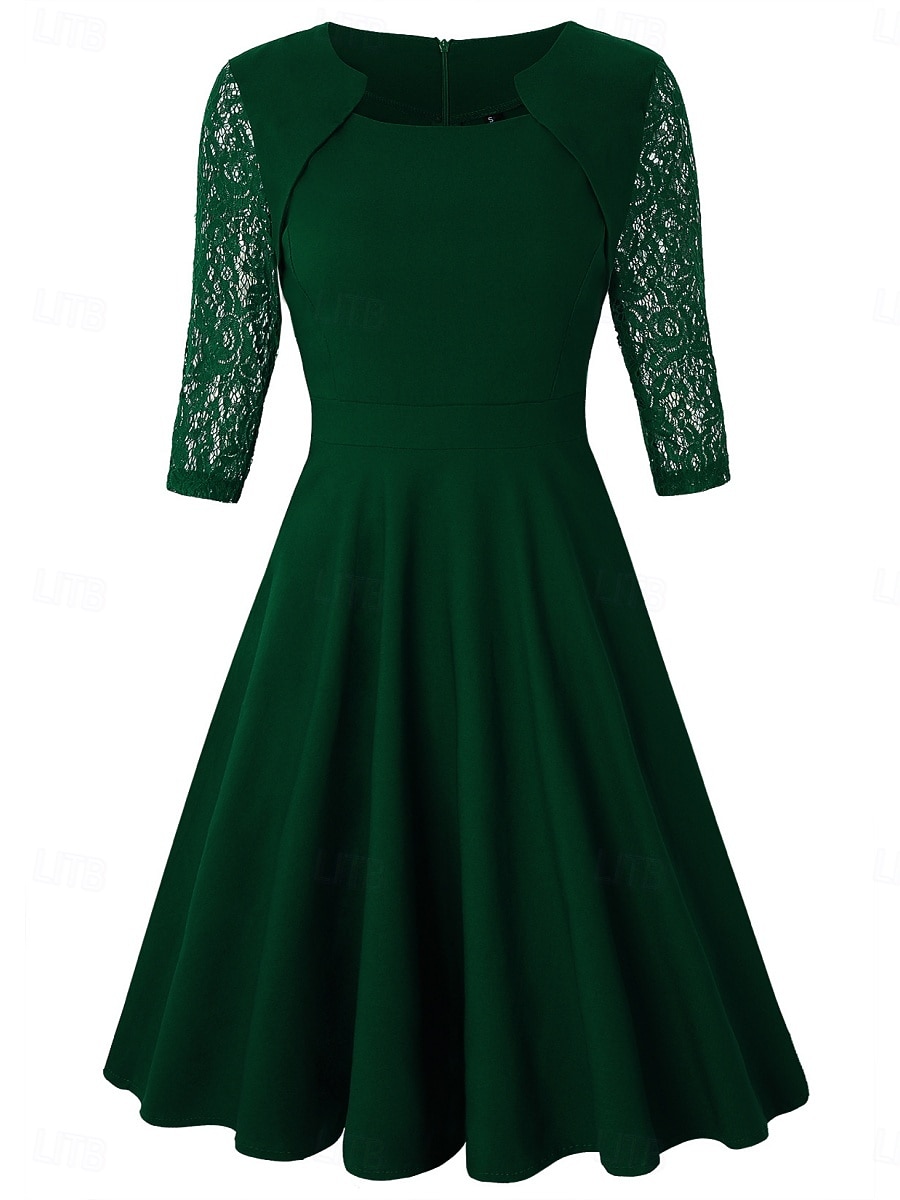 Women's Mini Dress A Line Dress Elegant Party Cocktail Outdoor Party Wedding Lace Patchwork Regular Fit Solid Color 3/4 Length Sleeve Square Neck Pink Wine Red 2026 - BHD 17.02 –P6