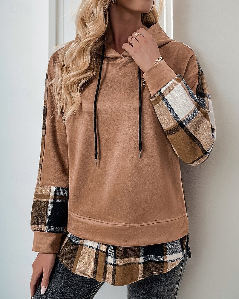 Women's Pullover Hoodie Sweatshirt Plaid Vintage Casual Long Sleeve Hooded Regular Tops Street Casual Sports Drawstring Patchwork Pink Army Green Dark Gray Beige Coffee Fall Winter 2025 - $35.99 –P1
