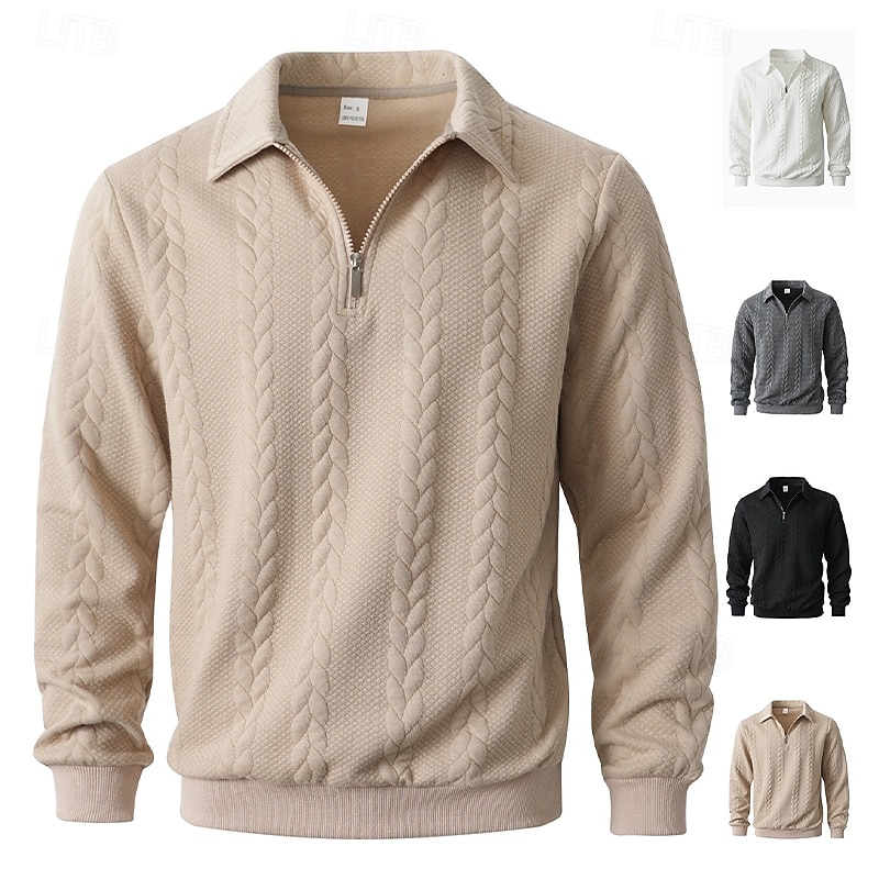 Муж. Жаккард Толстовка Натяни Толстовка с застежкой-молнией Черный Белый Хаки Серый Лацкан Полотняное плетение Текстура Для занятий спортом Повседневные Праздники Уличный стиль Круто Спортивная одежда 2026 - $28.99 –P1