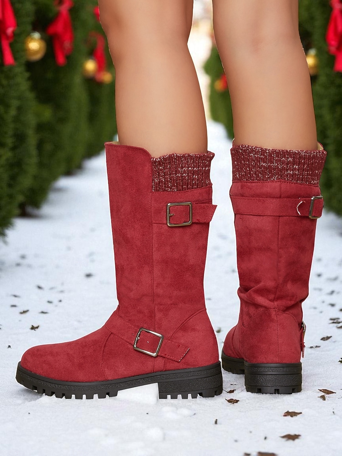 Women's Red Faux Suede Mid-Calf Boots with Adjustable Buckles and Non-Slip Sole, Casual Comfort Knit Boots for Christmas & Daily Wear 2025 - €49.99 –P6