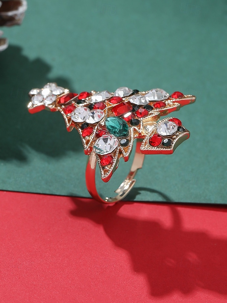 Anello da donna a forma di albero di Natale: materiali in lega e zirconia, design festivo con pietre rosse, verdi e trasparenti, perfetto per feste di Natale e regali del 2026 a $7.99 –P4