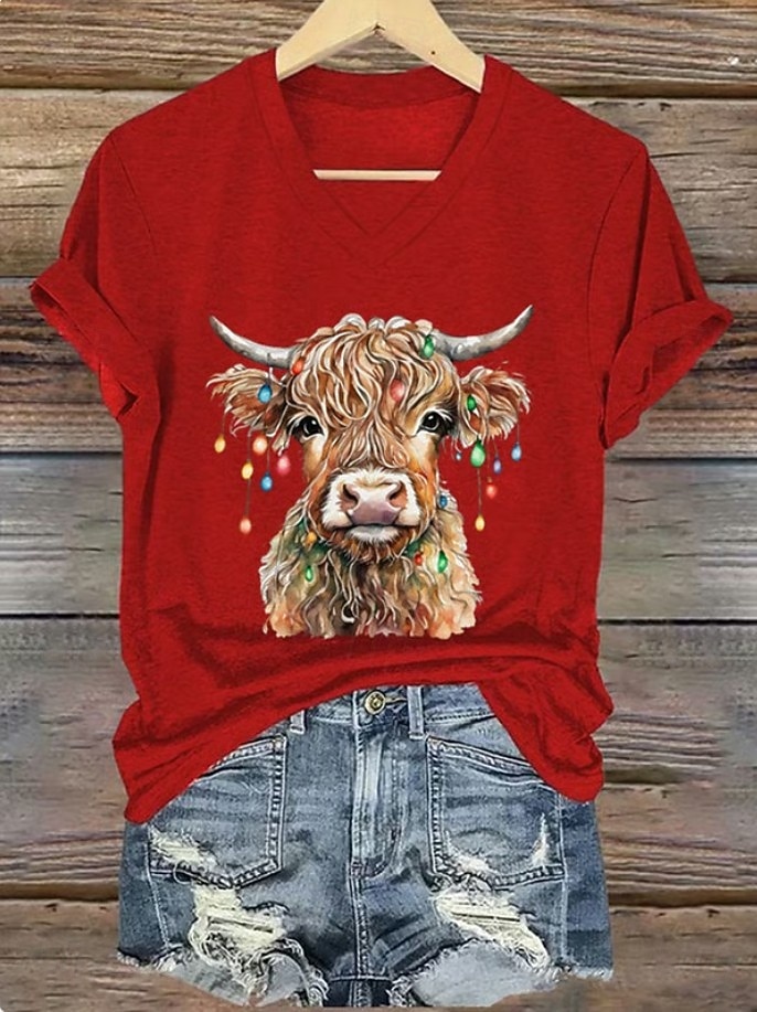 2026年 女性用Tシャツ グラフィック 動物 牛 ヴィンテージ スタイリッシュ クラシック 半袖 Vネック レギュラー トップス 日常用 プリント ブルー ブラック ホワイト ピンク レッド 夏 春 秋 冬  コレクション – $21.99 –P1