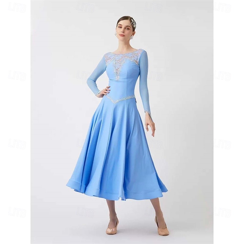 Women's Ballroom Dance Dress Long Sleeve Mesh Lace Waltz Tango Competition Performance Practice Gown Elegant Flowing Skirt – Light Blue 2026 - $257.79 –P1