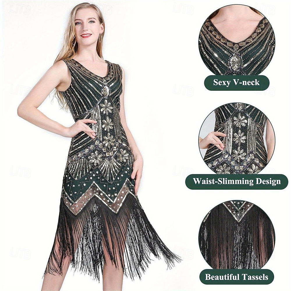 Set Anni Ruggenti Anni 1920 Lunghezza al ginocchio Abito Flapper Abito da cocktail Costume di fantasia con accessori Senza maniche Il grande Gatsby Ragazza Flapper Paillettes Frangia con nappe Scollo del 2026 a $50.99 –P4