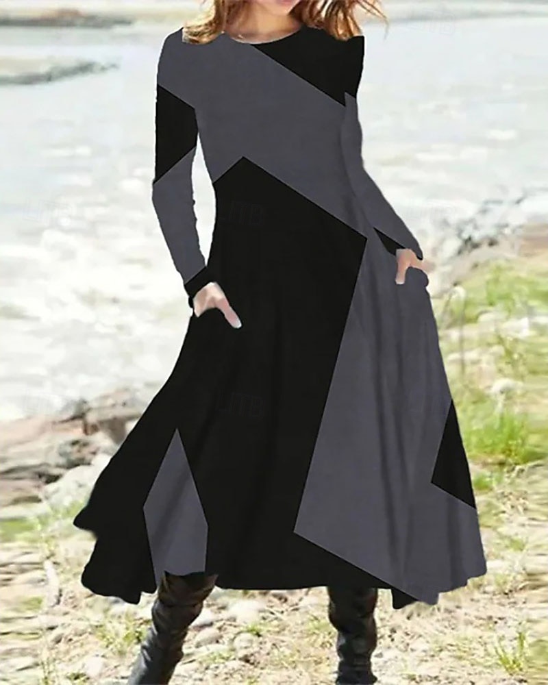 Dámské Midi šaty Šaty s potiskem Vinobraní Módní Moderní Denní Dovolená Jdeme ven Běžný Geometrický Dlouhý rukáv Tričkový Fialová Hnědá Tmavě šedá Šedá Jaro Podzim Zima 2025 - $26.99 –P4