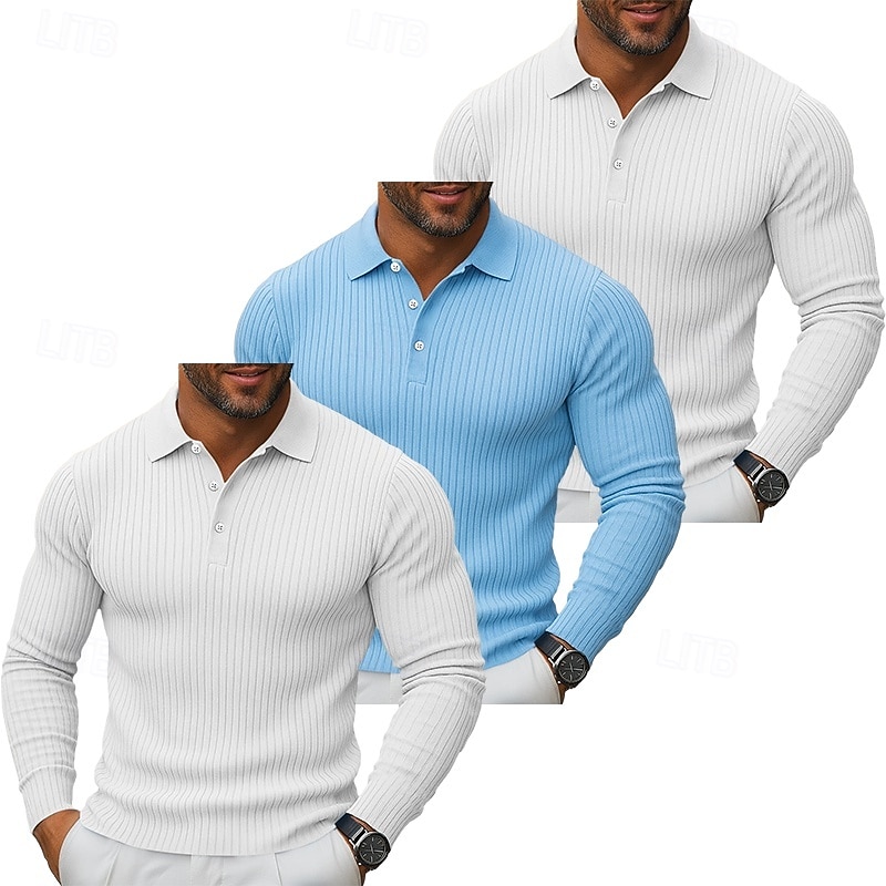 3 db-os férfi bordás kötésű felső golf pólóing többes csomag utcai lezser hajtókás hosszú ujjú alapvető modern egyszínű gombos tavasz ősz minden évszak karcsúsított bordás kötésű felső 2025 - $59.99 –P13