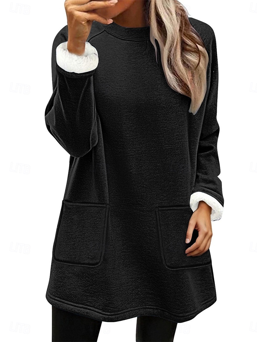 Naisten Pullover-huppari Tasku Tavallinen Vapaa-aika Pitkähihainen Tiukka pyöreä kaula-aukko Pitkät topit Katu Arkikäyttö Musta Punastuvan vaaleanpunainen Oranssi Tumman sininen Beesi Syksy Talvi 2026 - $33.99 –P2