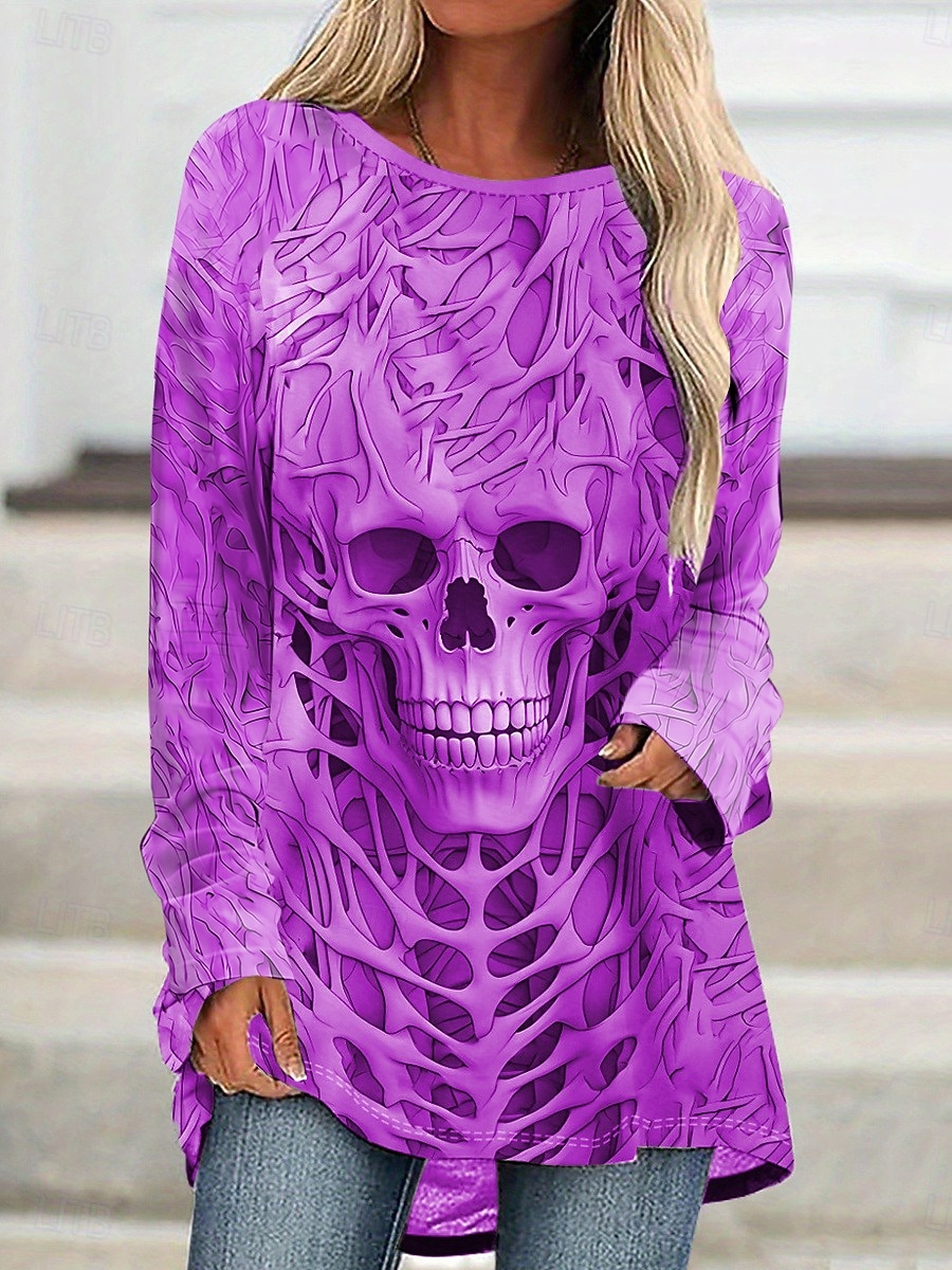 Camiseta de Halloween para mujer calaveras gráfica vintage estilosa casual de manga larga cuello redondo tops largos impresión diaria negro gris primavera otoño 2026 - $26.99 –P5