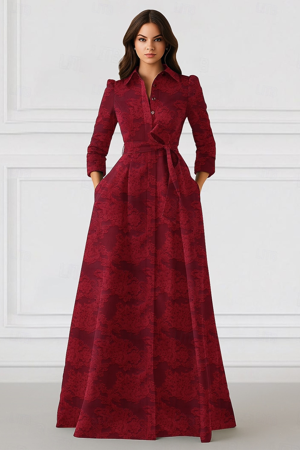 Robe A-Ligne Longueur Plancher Robe Chemise Robe Invité de Mariage Robes Formelles Robe Mère de la Mariée Manches Longues Col Chemise Élégante Vintage Formelle avec Nœud(s) de 2026 ? $195.99 –P1