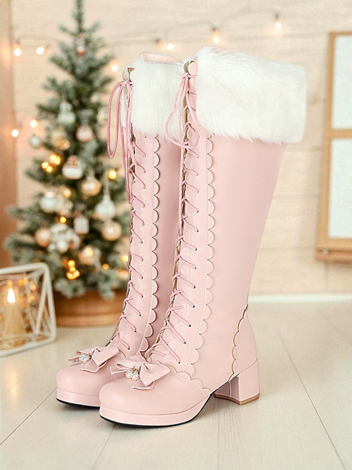 Women's White Faux Fur Trim Lace-Up Platform Boots with Bows