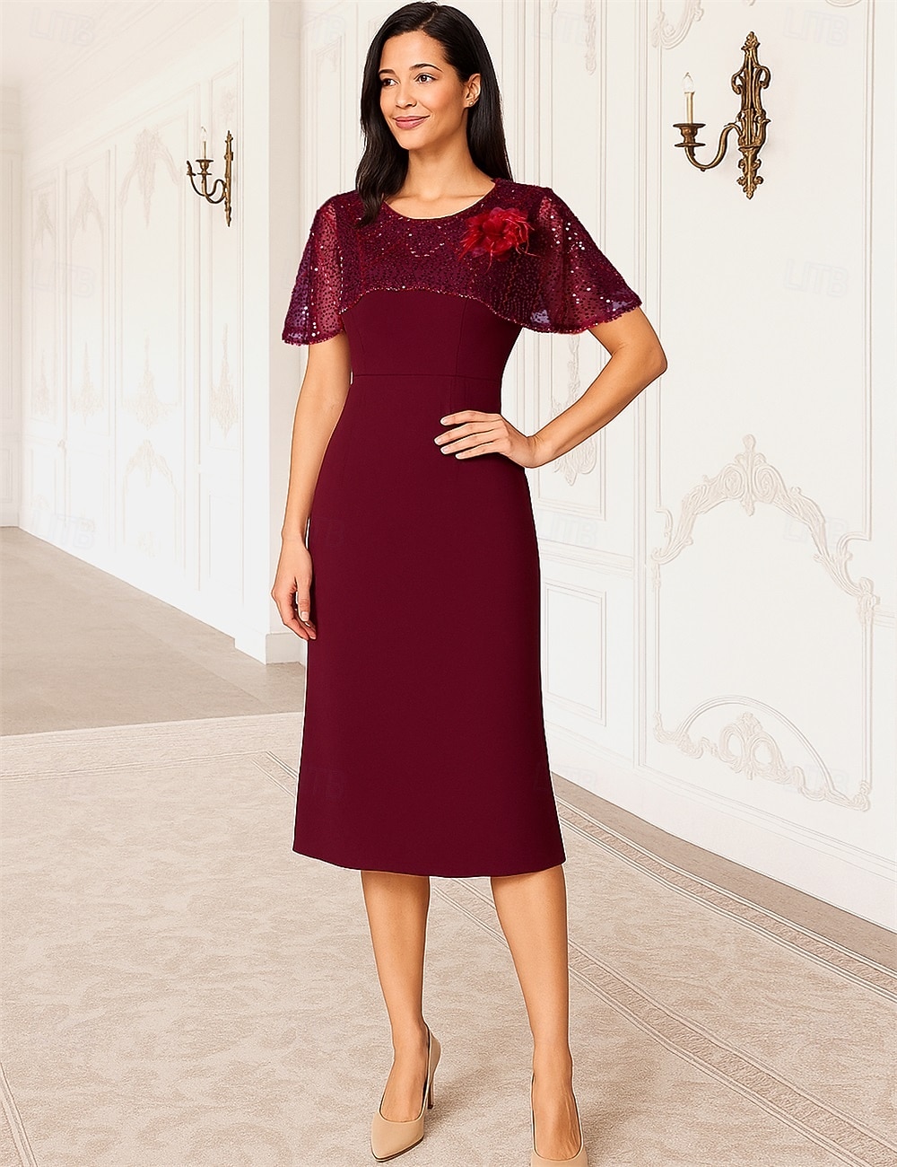 Schlauchkleid Tee-Länge Partykleid Cocktailkleid Kleid für Hochzeitsgäste Brautmutterkleid Kurzarm Rundhalsausschnitt Elegant Formell Formeller Abend Hochzeitsfeier mit Perlenstickerei 2026 - $229.99 –P4
