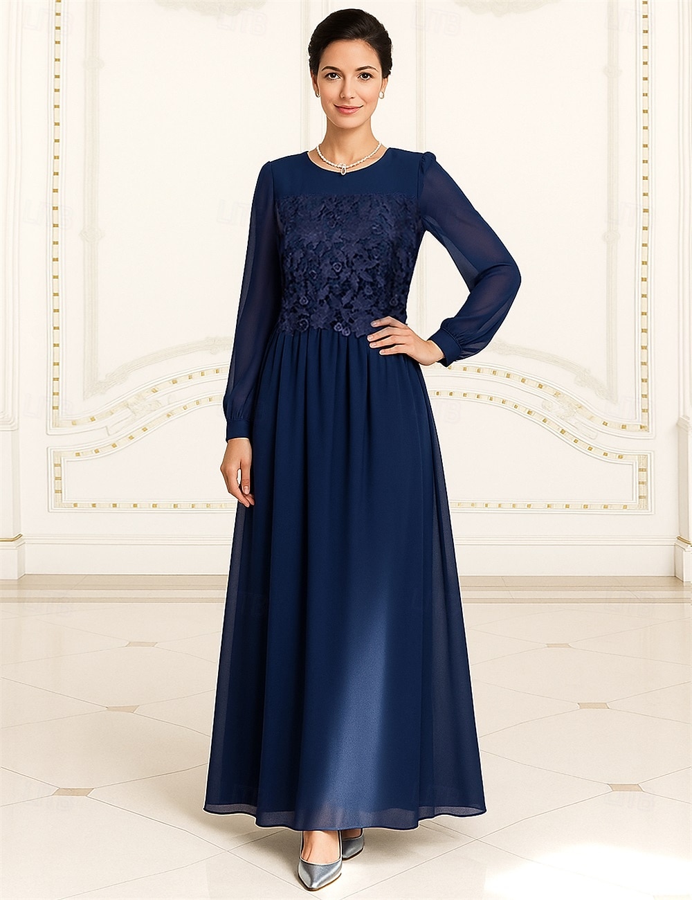 A-Linie Bodenlang Kleid für Hochzeitsgäste Abendkleid Brautmutterkleid Langarm Rundhalsausschnitt Elegant Vintage Formell Formeller Abend Hochzeitsfeier mit Einfarbig 2026 - $109.99 –P1