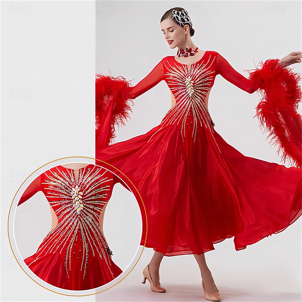 Robe de danse de salon pour femme, manches en plumes et strass, tenue de compétition de valse et de tango, avec dos transparent – rouge de 2026 ? $548.09 –P7