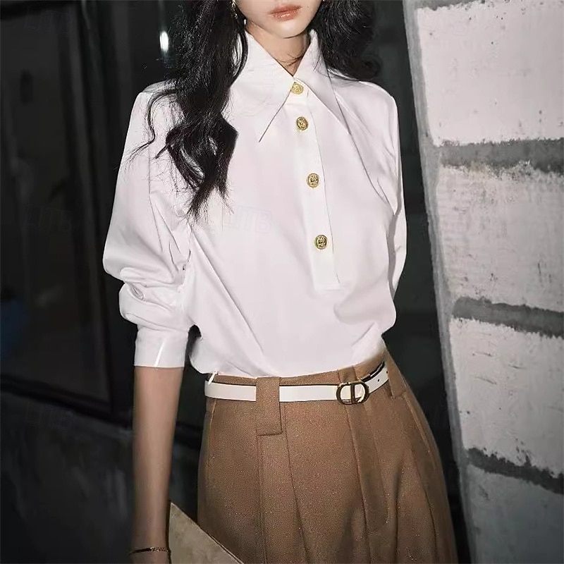 Damen Hemd Einfarbig Einfach Elegant Täglich Stilvoll Langarm Hemdkragen Normale Oberteile Arbeit Ausgehen Semi-Formal Knöpfe Weiß Frühling Herbst 2025 - $56.99 –P1