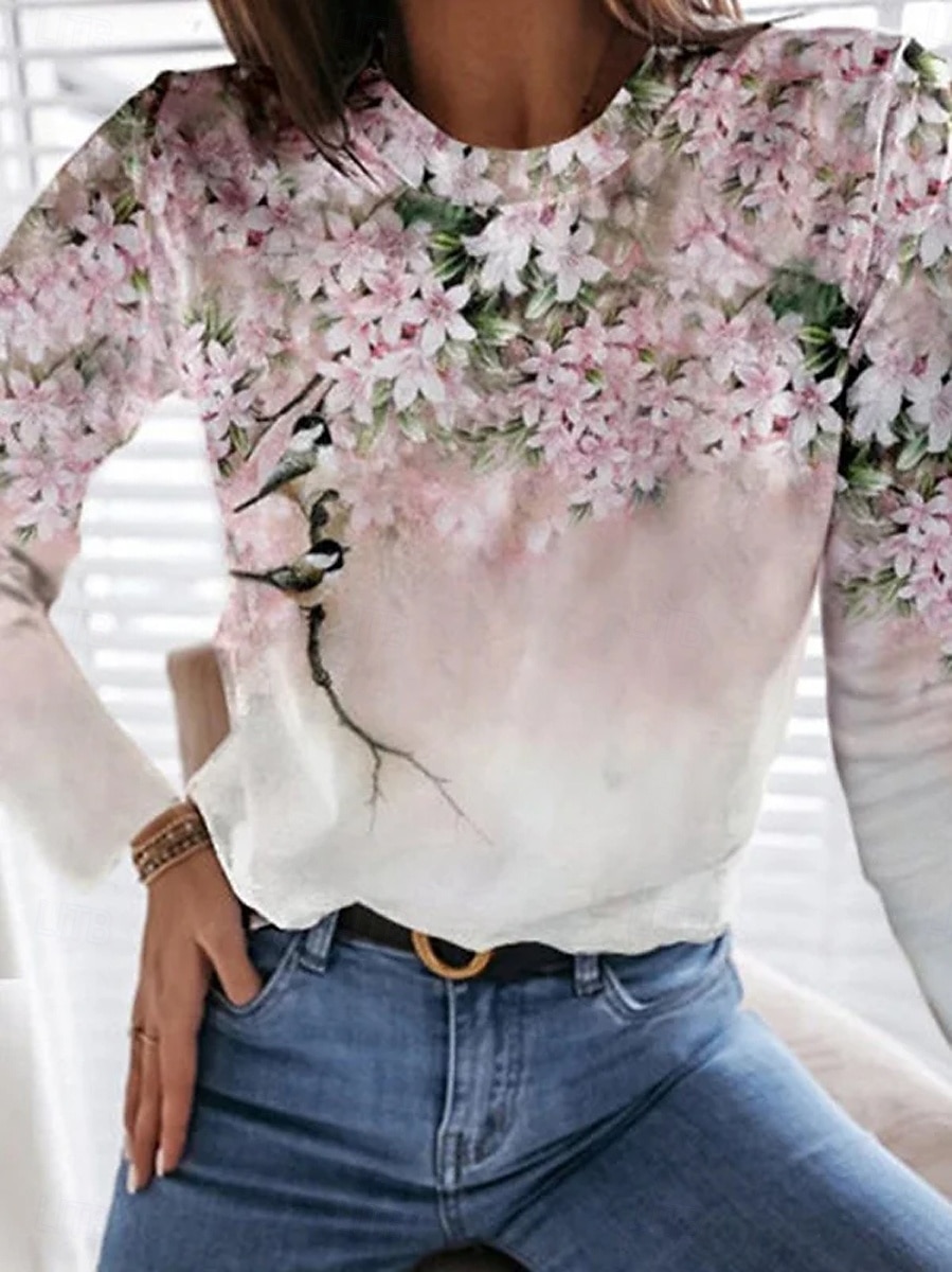 Women's T Shirt Print Floral Graphic Plants Vintage Fashion Stylish Long Sleeve Crew Neck Round Neck Regular Tops Daily Weekend Blue Pink Purple Green Summer Spring Fall 2026 - $24.99 –P1
