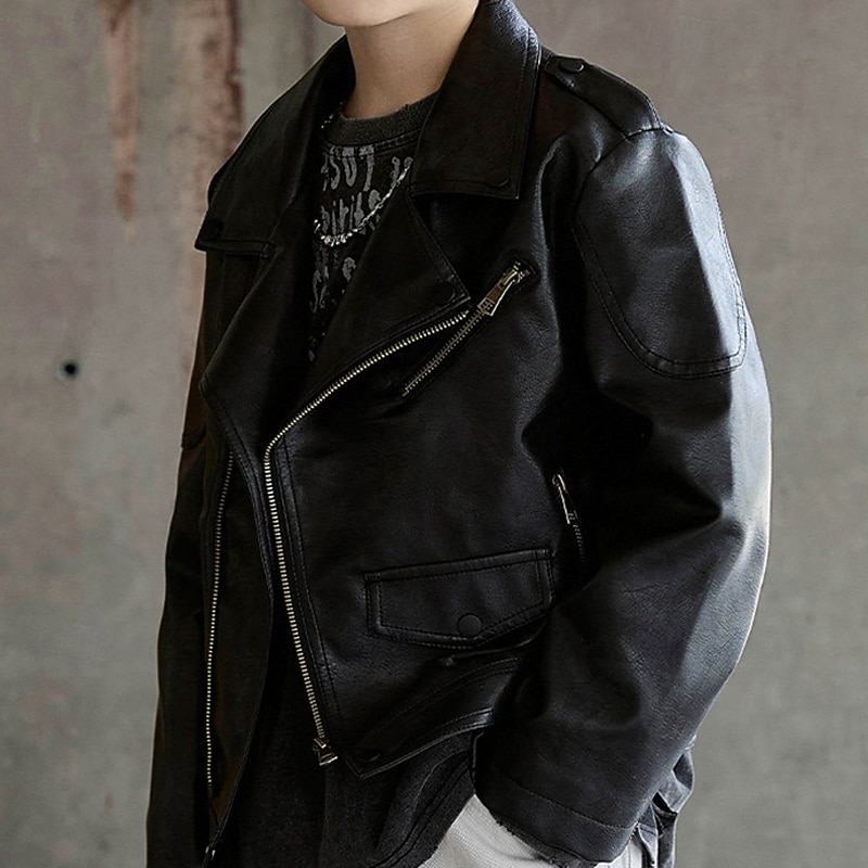 Niños Chico Chaqueta de cuero negro Chaqueta Ropa de calle Plano Manga Larga Cerrar IMPERMEABLE Paravientos: Abrigo Diario Moda Casual Negro Marrón Primavera Otoño 4-12 años 2026 - $55.99 –P2