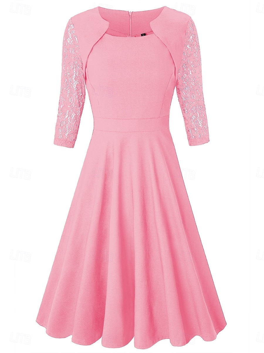 Women's Mini Dress A Line Dress Elegant Party Cocktail Outdoor Party Wedding Lace Patchwork Regular Fit Solid Color 3/4 Length Sleeve Square Neck Pink Wine Red 2026 - BHD 17.02 –P10