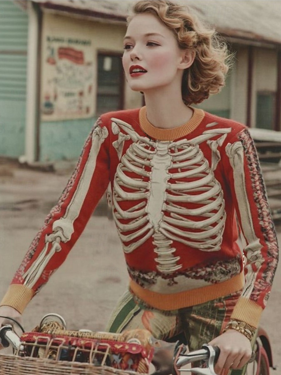 Női Pulóver Csontváz Divat Kényelmes Grafikai Csontváz Kerek Nyakú Kötött Hosszú Ujjú Rendszeres Felsők Kötött Piros Kék Ősz Tél 2025 - $29.99 –P2