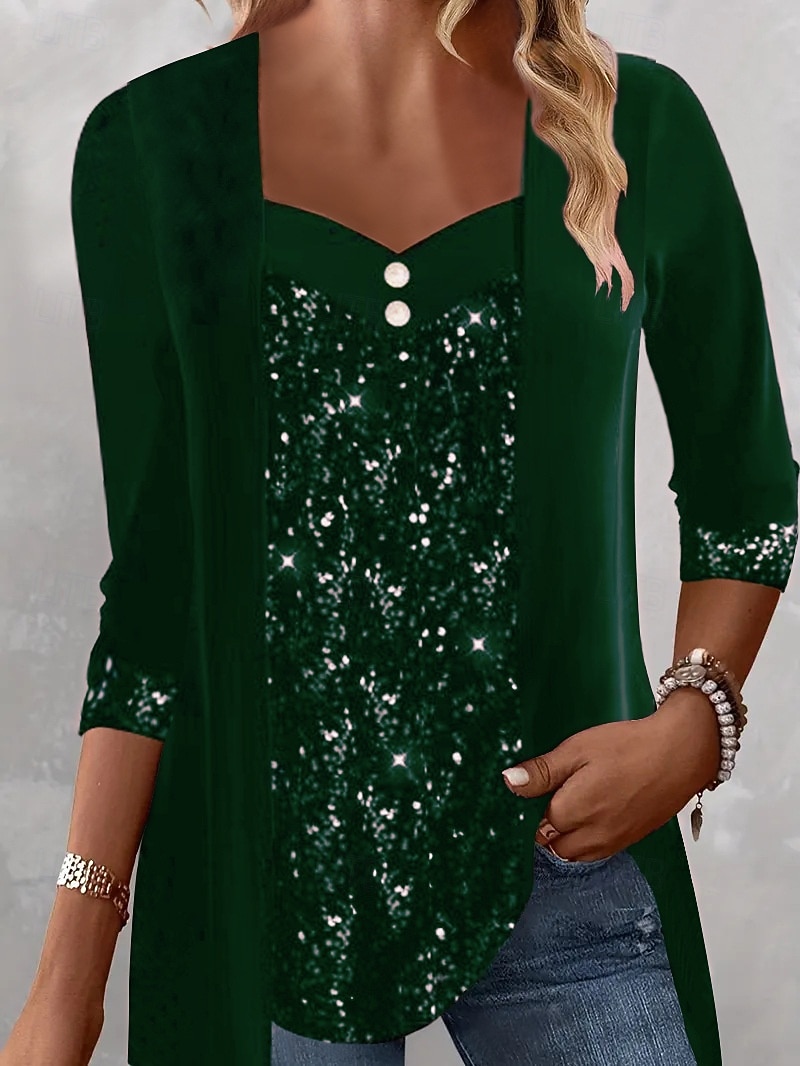 Kerstmis Vrouwen Blouse Effen Kleur Elegant Stijlvol Basis Lange Mouwen Vierkante Hals Standaard Tops Dagelijks Sequins Patchwork Zwart Wijn Paars Groen Lente Herfst Winter 2025 - $36.99 –P10