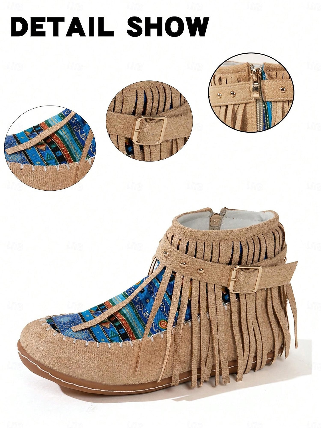 dames mocassinlaarzen met franjes en kleurrijke etnische print, casual enkellaarsjes voor herfstoutfits en festivals &dagelijks gebruik 2025 - $32.99 –P1