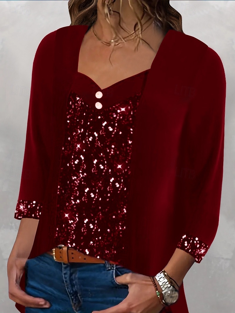 Kerstmis Vrouwen Blouse Effen Kleur Elegant Stijlvol Basis Lange Mouwen Vierkante Hals Standaard Tops Dagelijks Sequins Patchwork Zwart Wijn Paars Groen Lente Herfst Winter 2025 - $36.99 –P2