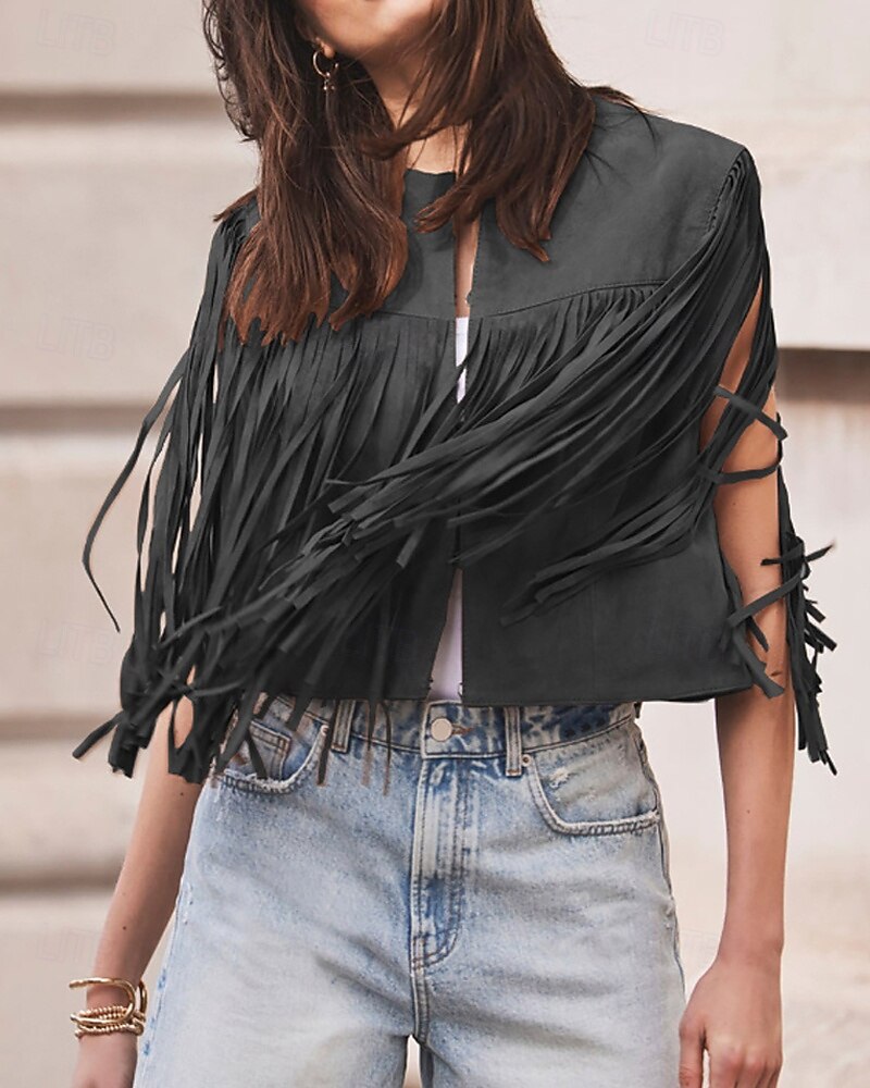 Damskie Bluzka Frędzel Równina Zachodni Bez rękawów W serek Zwykłe topy Święto Wyjściowe Czarny Jasnobrązowy Lato Wiosna 2026 - $32.99 –P4