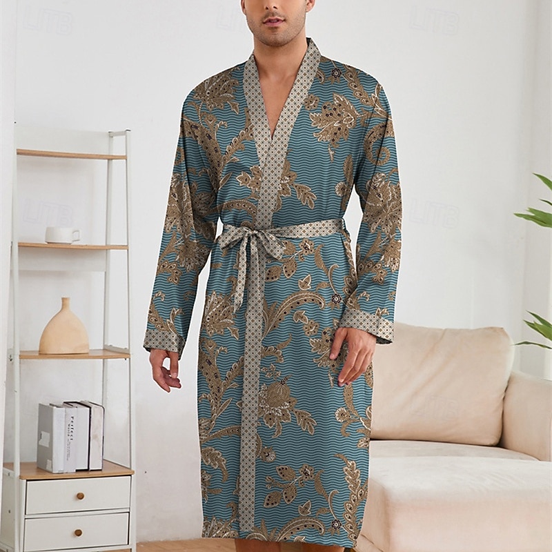 Homme Pyjamas Robe en soie Vêtements de Nuit Robe de bain 1 Pièce Impressions Graphiques Mode Élégant Classique Quotidien Maison Lit Polyester Confort Doux Col en V manche longue Ceinture Incluse de 2026 ? $45.99 –P5