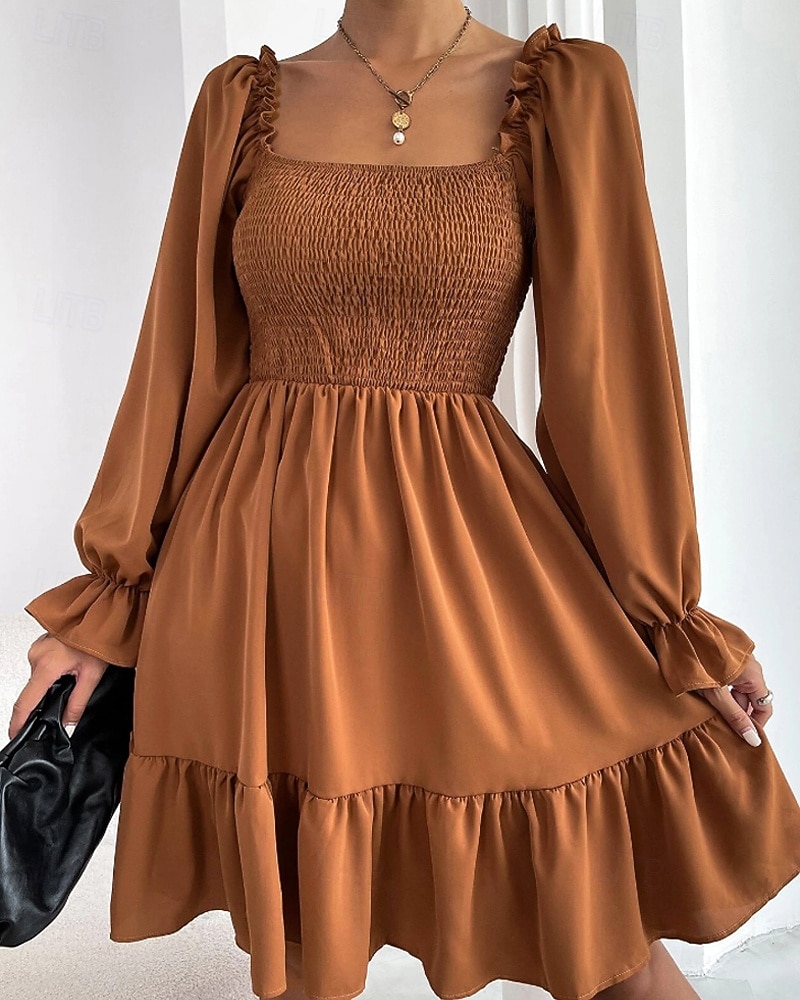 Damen Minikleid Schößchen Kleider Gerafftes Kleid Modern Outdoor Ferien Ausgehen Normale Passform Einfach Langarm Quadrathals Schwarz Wein Armeegrün Leicht Braun Frühling Herbst 2025 - $24.99 –P13