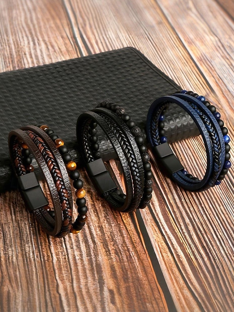 Men's Alloy Faux Leather Beaded Bracelet Set, Multi-Layer Braided Wristband with Magnetic Clasp, Fashion Punk Jewelry for Casual, Party & Gift 2025 - $11.99 –P5